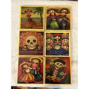 Alejandra Artesania Art  Hand  Ceramic 6 Tile Coasters unique Day Of The Dead